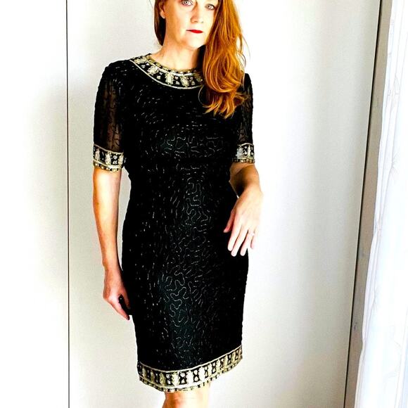 Vintage 80s Silk Beaded Sheath Dress, Formal, Black Tie Cocktail Kazar Blk/Gld - Picture 1 of 16